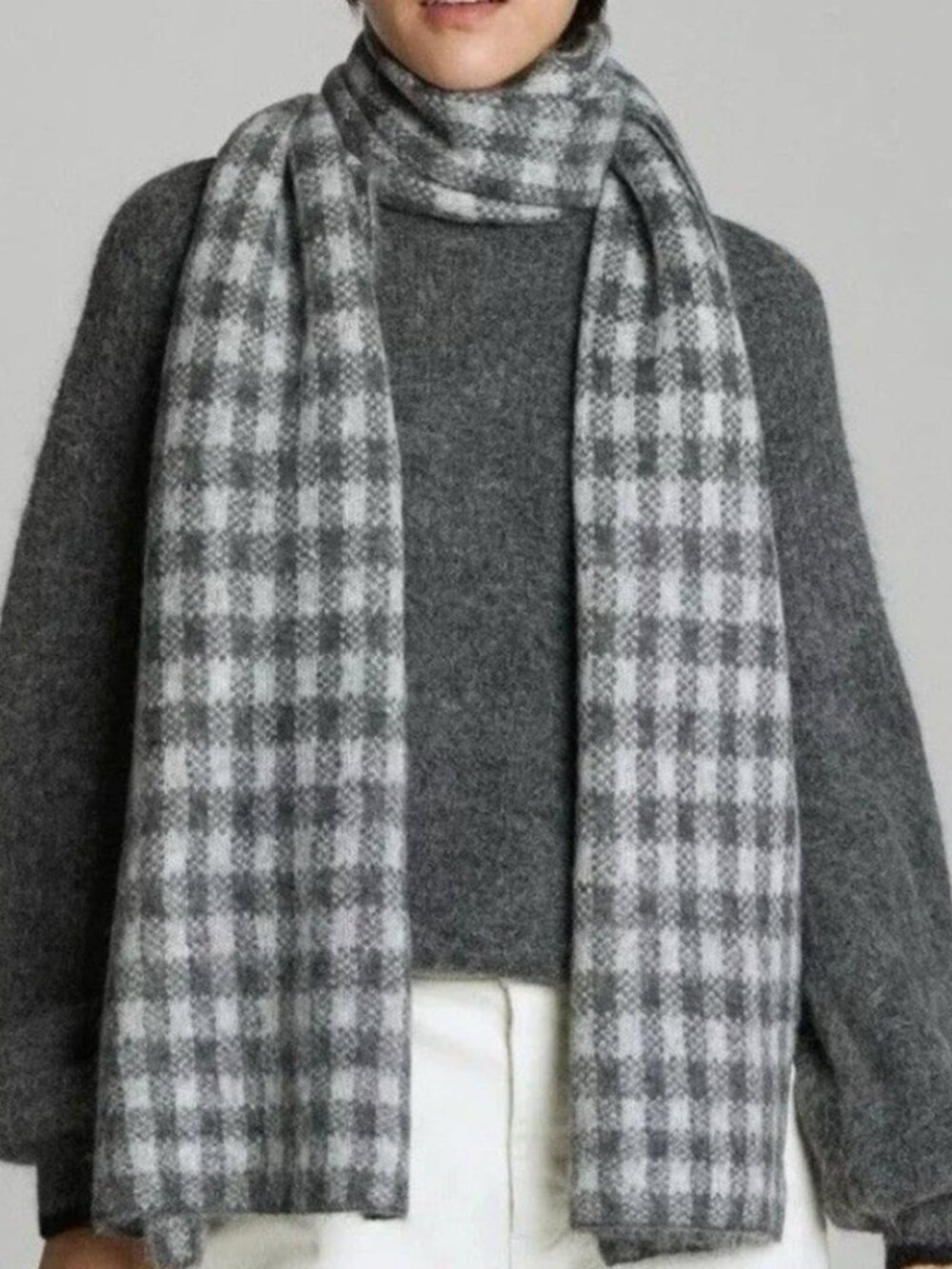 Everlane Scarf Unisex Oversized Gray Checkered Alpaca Nylon Wool Blend EUC